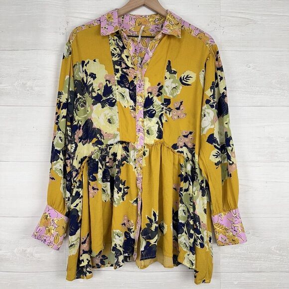 Free People Top Size S Brunch A Bunch Floral Tunic Blouse Yellow Oversized - Picture 14 of 14